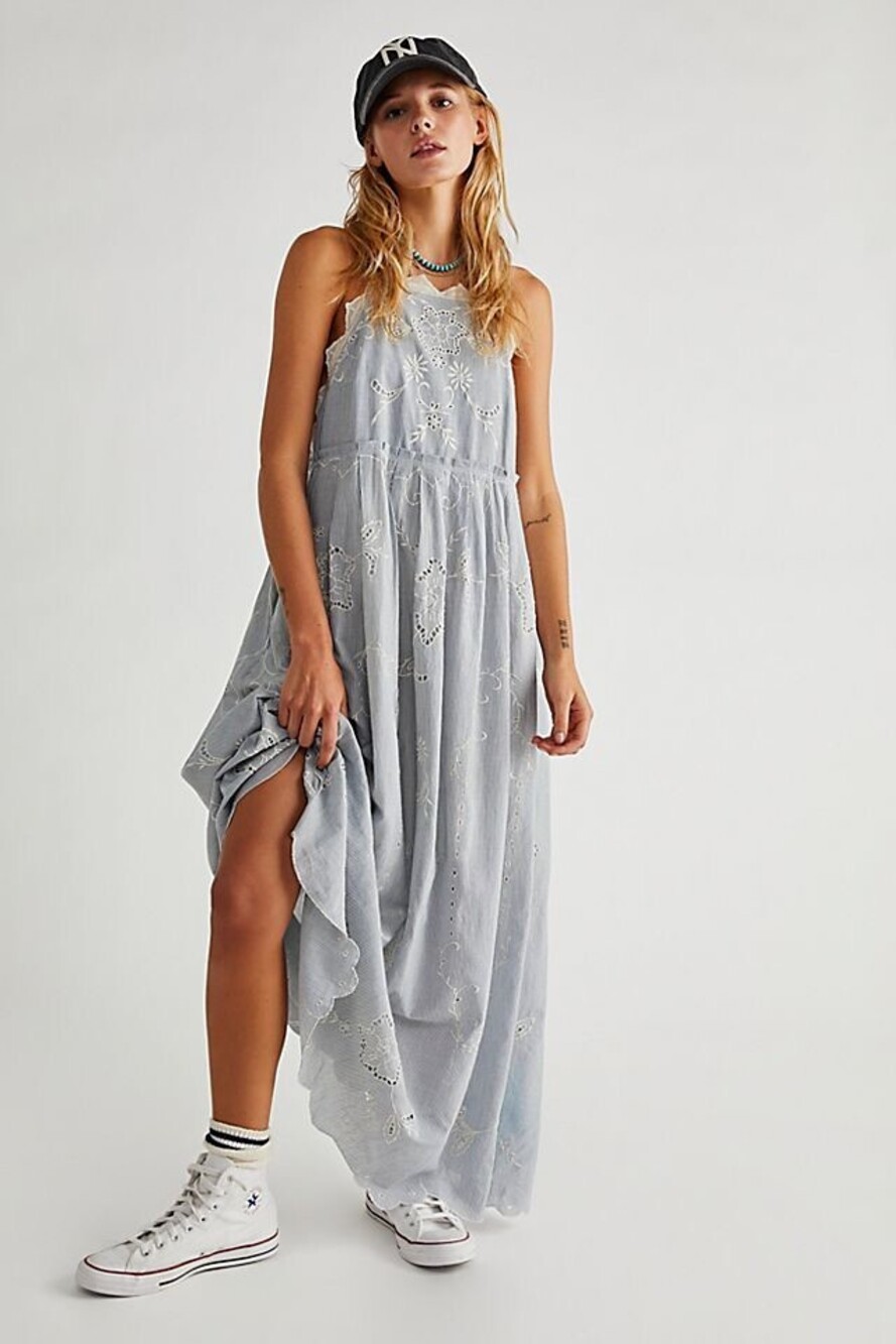 Free People Rosalia Embroidered Apron Maxi Dress Size LG -Preloved Excellent Con